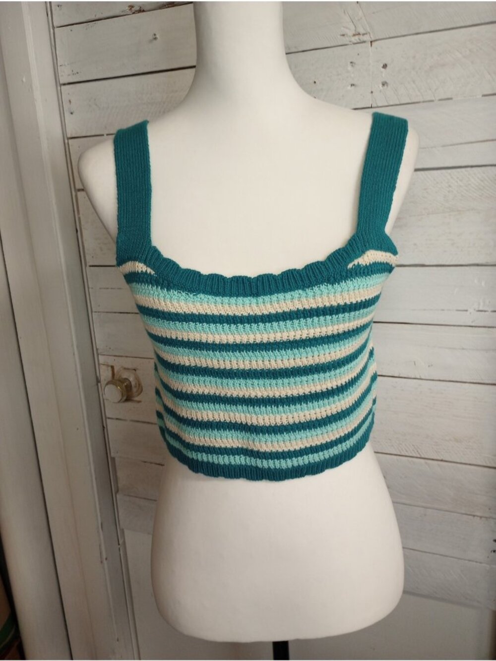 Wild Fable Women's Turquoise Striped Knit Crochet Crop Top Vacation Beach *